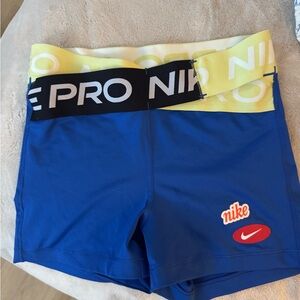 Nike Pro Dri-FIT Blue Shorts with Yellow Waistband